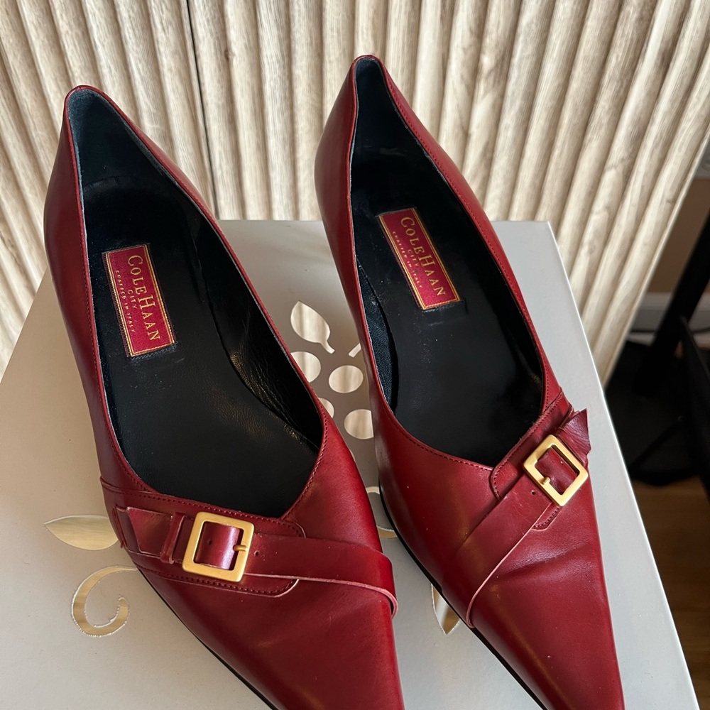 Cole Haan Red Leather Pointed-Toe Heels with Gold Buckle Detail